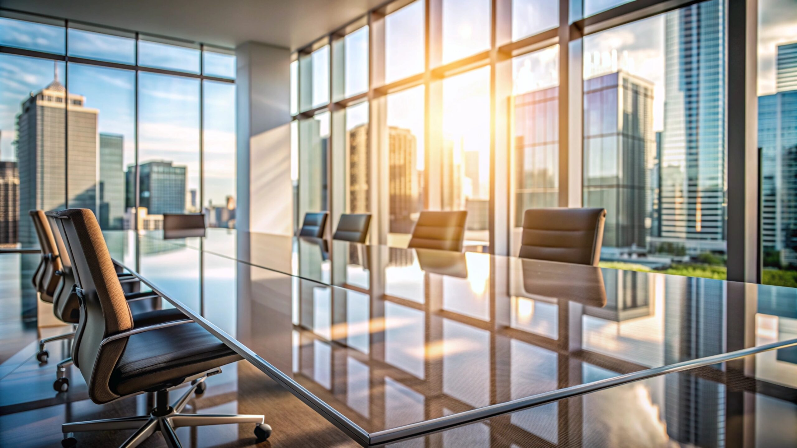 Glass Conference Table in Modern Office with City View.